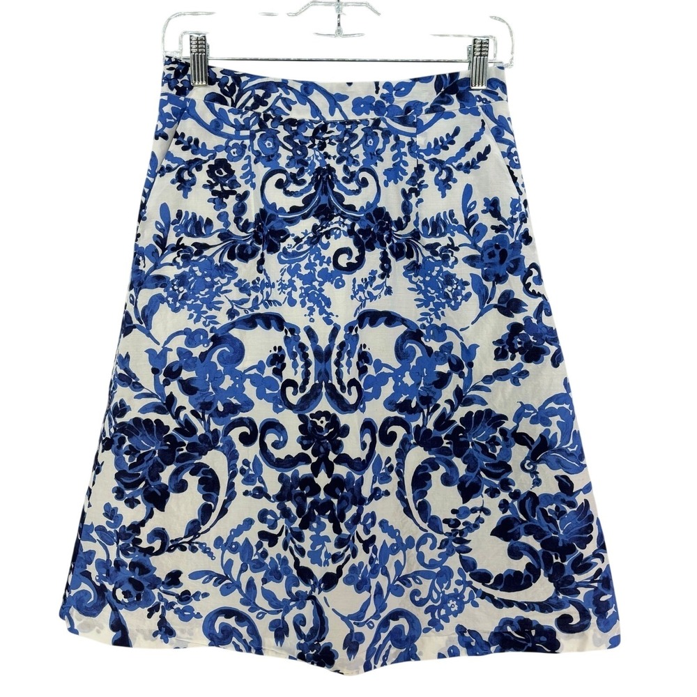 Floral A-Line Skirt Blue White Damask Cotton Cottage Preppy Feminine size 4